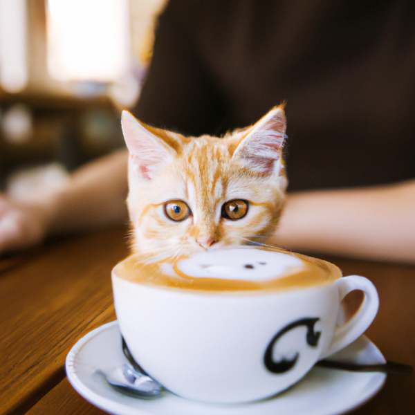 Cappuccino mit Katze im Hintergrund. Die gleichen Koffeinmengen einzuhalten ist für Migräniker wichtig.