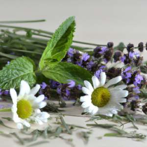 Frische Kamillenblüten, Lavendel, Minzblätter auf einem weißen Tisch aufgehäuft. Diese Kräuter helfen als Tees auch bei Migräne.