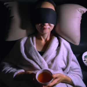 Frau mit Migräneattacke im Bett in einem dunklen Zimmer, mit einer Schlafmaske auf dem Gesicht und einer Tasse Tee in der Hand-