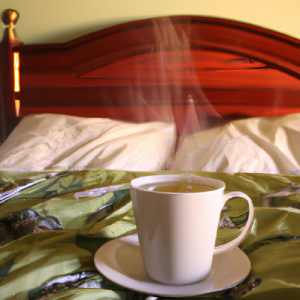 Eine dampfende Tasse Tee auf einem Bett mit grüner Bettwäsche. Ein Tee kann bei einer leichten Migräneattacke, oder kurz vor Beginn helfen.